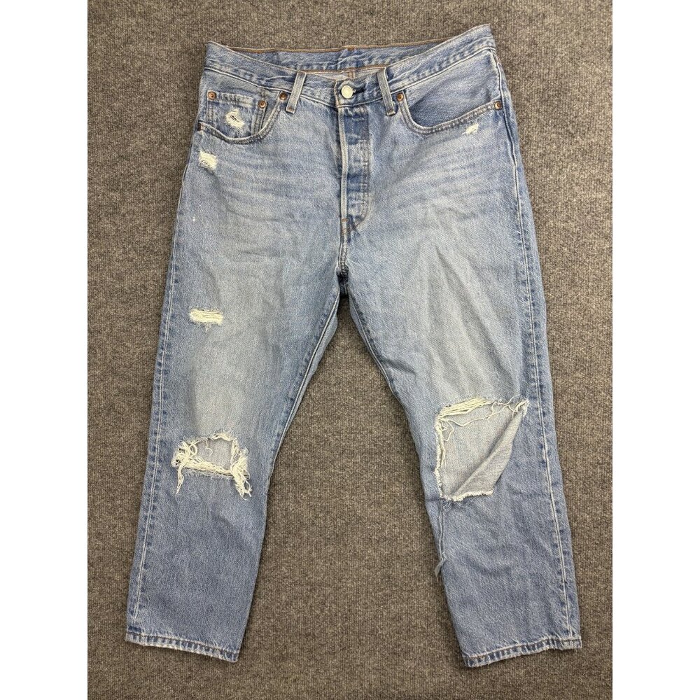 Levis 501 Jeans Mens 31x26 Light Wash Blue Distressed Button Fly‎ Straight Denim